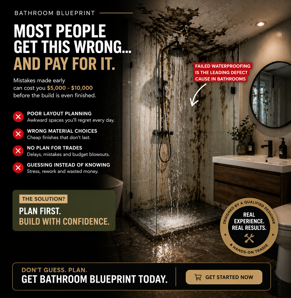 Advertisement for bathroom renovation services with a damaged bathroom showing mold and water damage.