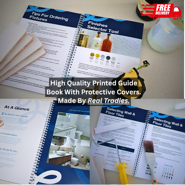 High quality printed guide book Bathroom Blueprint with protective covers on a desk.