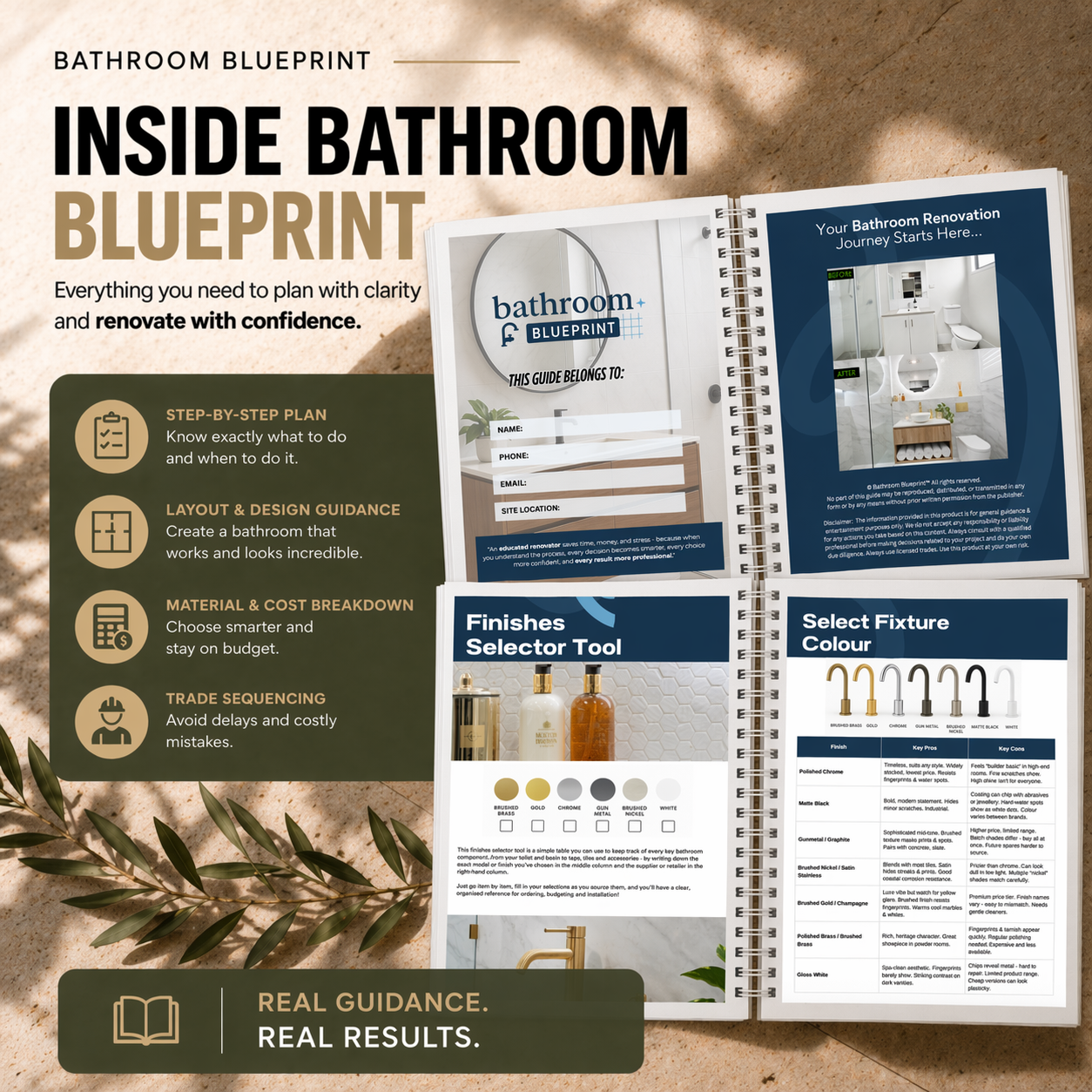 Bathroom Blueprint guide with sections on layout, design, finishes, and fixture color selection.