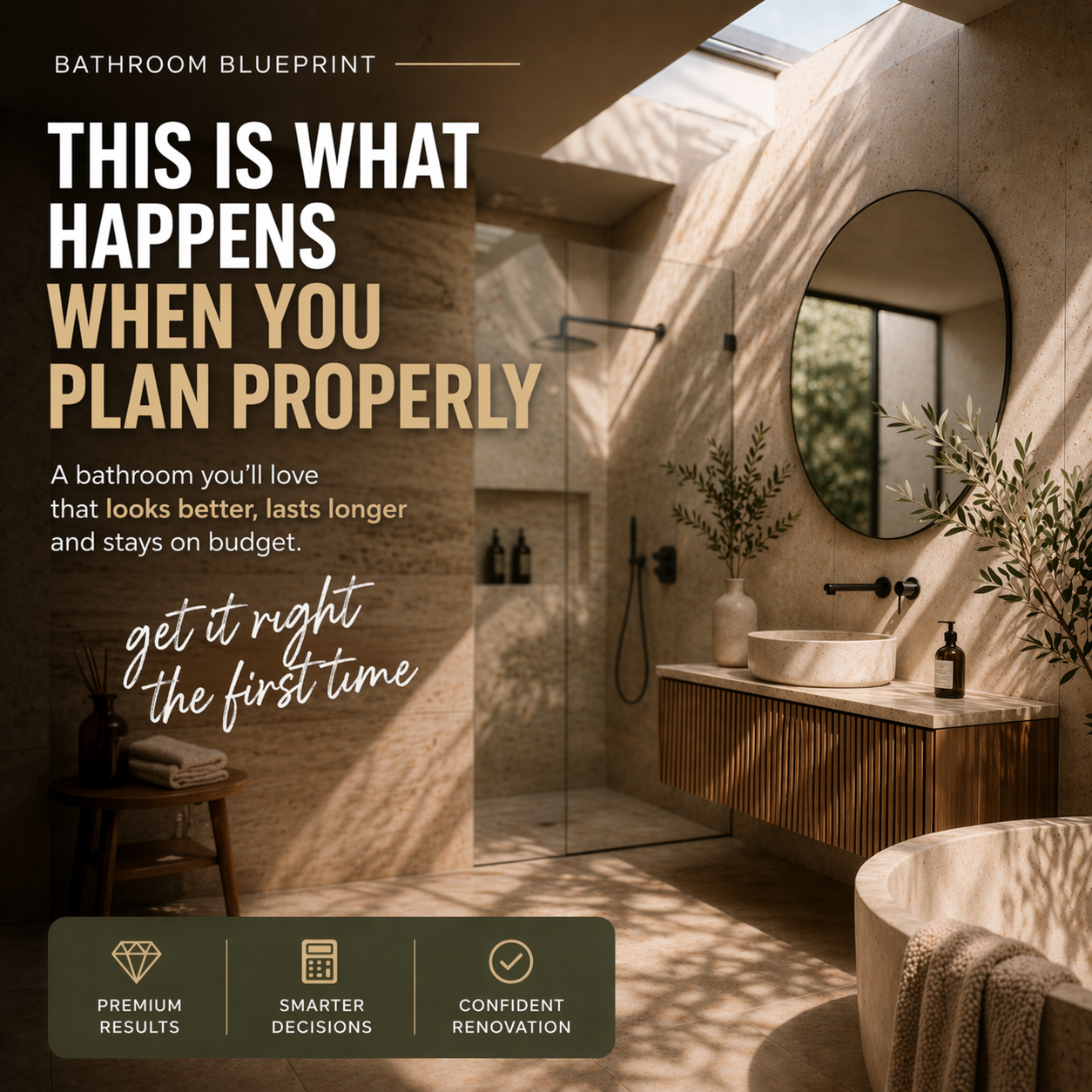 Modern bathroom with text overlay about planning and renovation in Australia