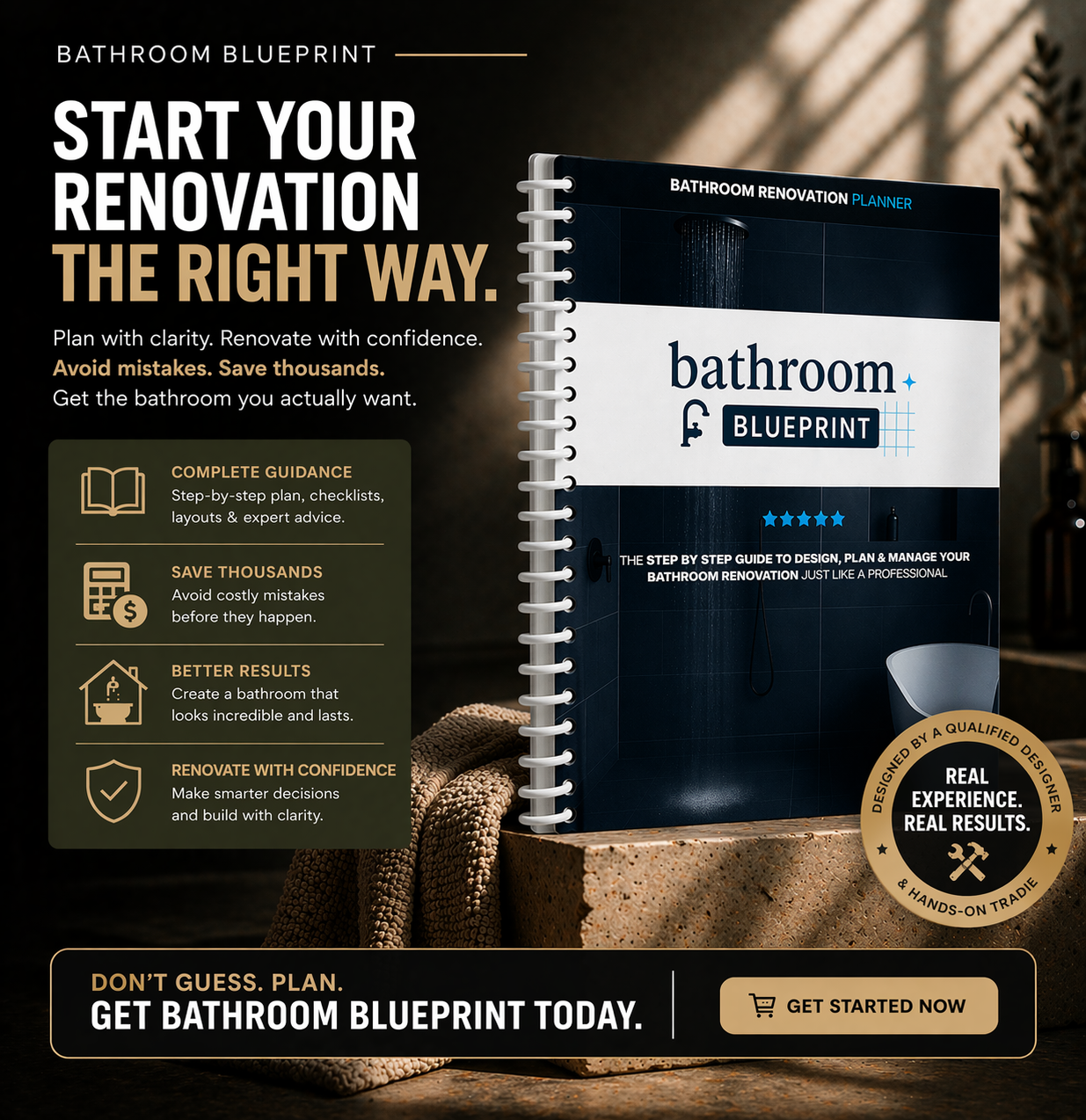 Bathroom renovation planner titled 'Bathroom Blueprint' on a wooden surface with promotional text.

